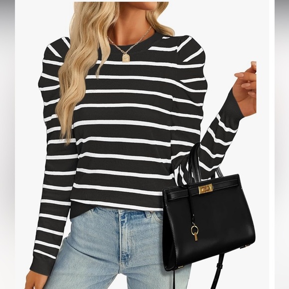 ZESICA Striped Puff Long Sleeve Sz M Fall Crewneck Ribbed Knit Casual Pullover - Picture 2 of 7